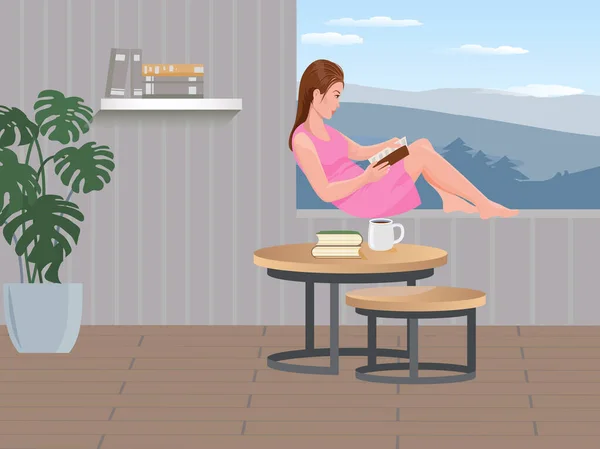 Woman Reading Book Her Bedroom Window Mountains Sky Background — Stockvektor