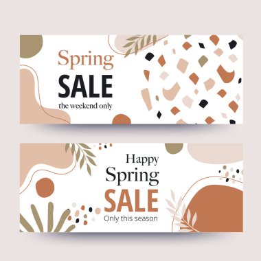 Bahar indirimi afişi. Organik şekil koleksiyonu. Minimum kaplama ve arka plan. Sosyal medya paylaşımı ve organik şekilli şablon. Soyut tasarım. El çizimi. Vektör illüstrasyonu.