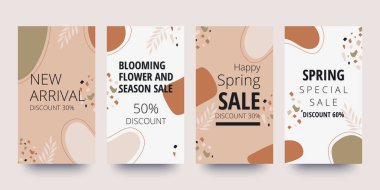 Bahar indirimi afişi. Organik şekil koleksiyonu. Minimum kaplama ve arka plan. Sosyal medya paylaşımı ve organik şekilli şablon. Soyut tasarım. El çizimi. Vektör illüstrasyonu.