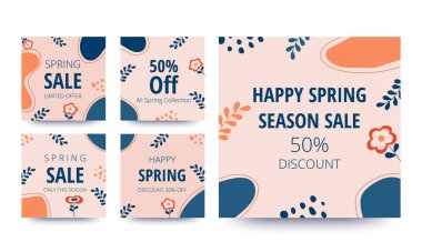 Bahar indirimi afişi. Organik şekil koleksiyonu. Minimum kaplama ve arka plan. Sosyal medya paylaşımı ve organik şekilli şablon. Soyut tasarım. El çizimi. Vektör illüstrasyonu.