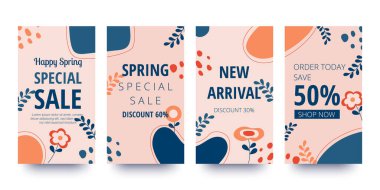 Bahar indirimi afişi. Organik şekil koleksiyonu. Minimum kaplama ve arka plan. Sosyal medya paylaşımı ve organik şekilli şablon. Soyut tasarım. El çizimi. Vektör illüstrasyonu.