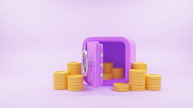 Para dolu kasa ya da kasa, yığınla para biriktirme, para biriktirme ve depolama konsepti. 3d resimleme