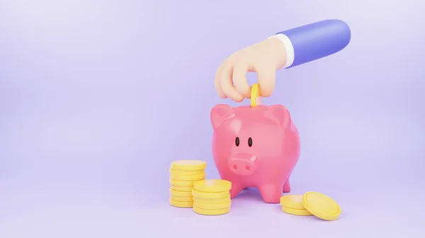 Cartoon Hand Putting Coin Piggy Bank Saving Money Render Illustration — ストック写真