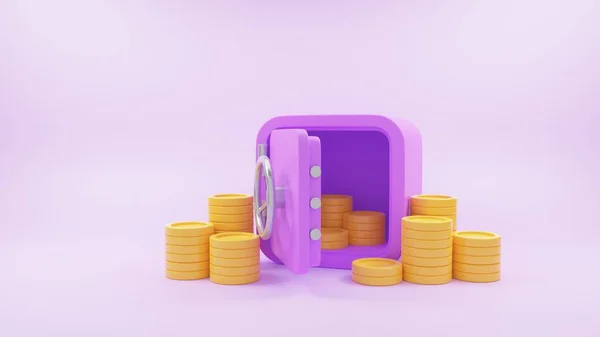 保险柜或保险箱 装有钱袋 一堆钱 省钱和储钱的概念 3D渲染说明 — 图库照片