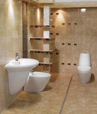 Şık modern banyo lavabo, lavabo ve tuvalet