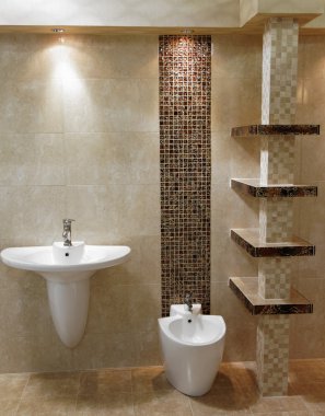 Şık modern banyo, lavabo ve tuvalet ile
