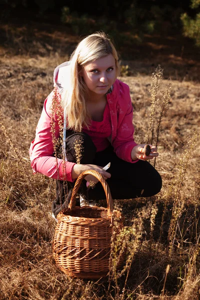 Jonge vrouw met blond haar oogst bessen in bos — Stockfoto
