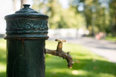 Yeşil izole yangın musluğu. Çeşmeli su pompası, derin bir kuyudan gelen su..