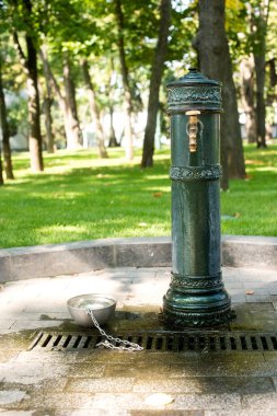 Yeşil izole yangın musluğu. Çeşmeli su pompası, derin bir kuyudan gelen su..