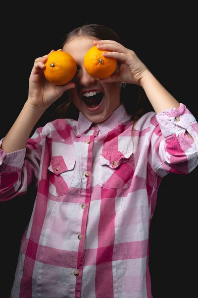 Little Cute Girl Posing Tangerines Studio Photo Isolated Black Background — Stock Photo, Image