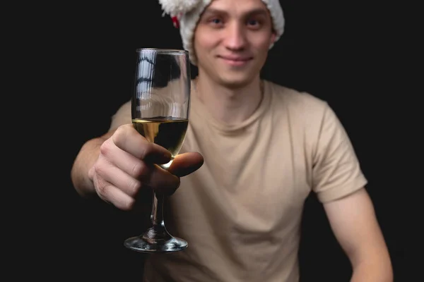 Handsome Young Man Glass Champagne Isolated Black Background Guy Festive — Stock Photo, Image