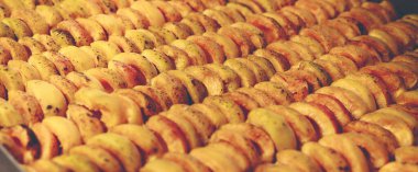 Ev yapımı kurutma makinesinde kurutulmuş meyve pişirme işlemi. Kışın depolama ve tüketim için meyve susuzluğunun aşaması. Bir sürü susuz kayısı..