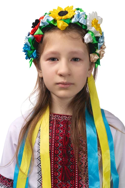 Retrato Uma Menina Ucraniana Com Olhos Lacrimejantes Criança Vestido Nacional — Fotografia de Stock