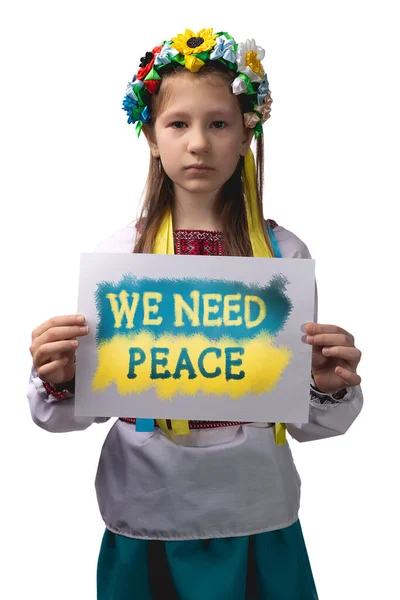 Little Ukrainian Girl Tears Her Eyes Holds Sheet Paper Inscription — Stock Photo, Image