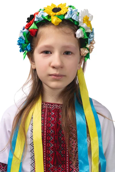 Retrato Uma Menina Ucraniana Com Olhos Lacrimejantes Criança Vestido Nacional — Fotografia de Stock