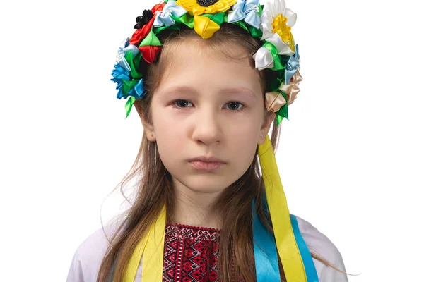 Porträt Eines Kleinen Ukrainischen Mädchens Mit Tränenden Augen Kind Nationaltracht — Stockfoto