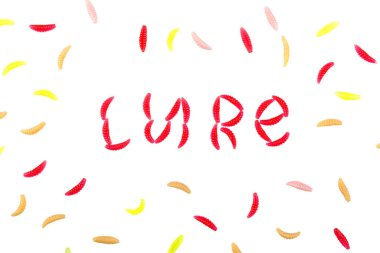 Kırmızı silikon kurtçuğundan yapılmış yem metni. Harflerin etrafında bir sürü silikon yem var. Beyaz arkaplan üzerinde izole nesneler bulunan stüdyo fotoğrafı.