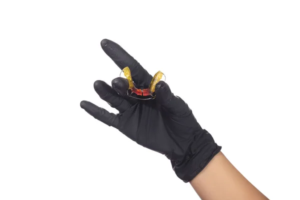 Läkares Hand Svart Medicinsk Handske Håller Färgglad Barns Ortodonti Apparat — Stockfoto