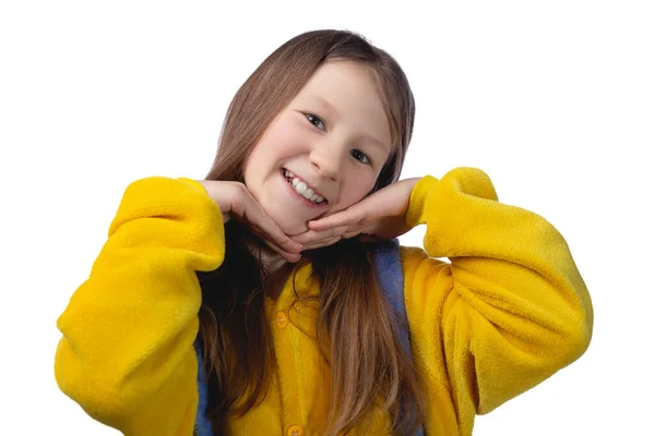 Kleine Süße Fröhliche Mädchen Jahre Alt Posiert Gelben Pyjamas Studiofoto Stockfoto