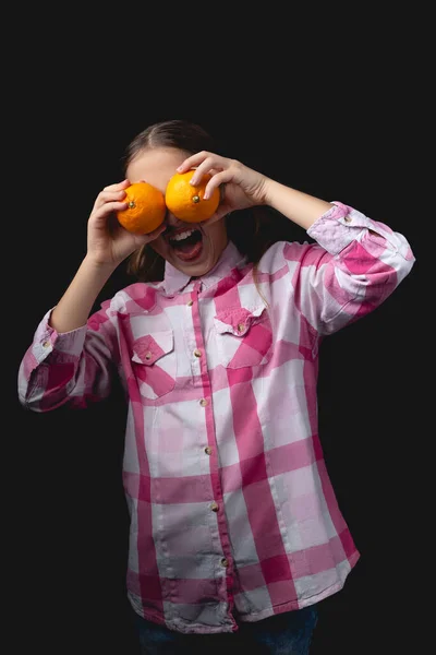 Little Cute Girl Posing Tangerines Studio Photo Isolated Black Background — Stock Photo, Image