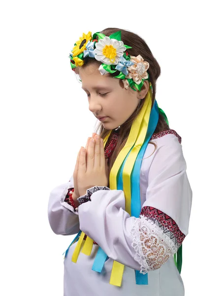 Een Klein Meisje Nationale Oekraïense Kleren Met Tranen Ogen Vouwde — Stockfoto