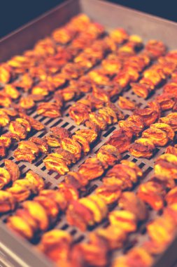 Ev yapımı kurutma makinesinde kurutulmuş meyve pişirme işlemi. Kışın depolama ve tüketim için meyve susuzluğunun aşaması. Bir sürü susuz kayısı..