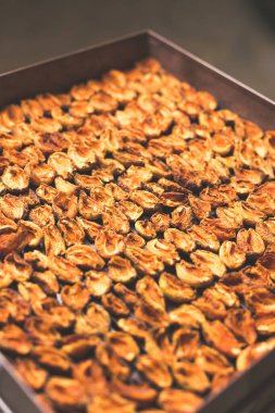 Ev yapımı kurutma makinesinde kurutulmuş meyve pişirme işlemi. Kışın depolama ve tüketim için meyve susuzluğunun aşaması. Bir sürü susuz kayısı..