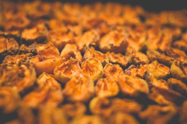 Ev yapımı kurutma makinesinde kurutulmuş meyve pişirme işlemi. Kışın depolama ve tüketim için meyve susuzluğunun aşaması. Bir sürü susuz kayısı..