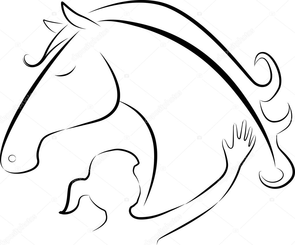 Vector logo - small girl touches a horse