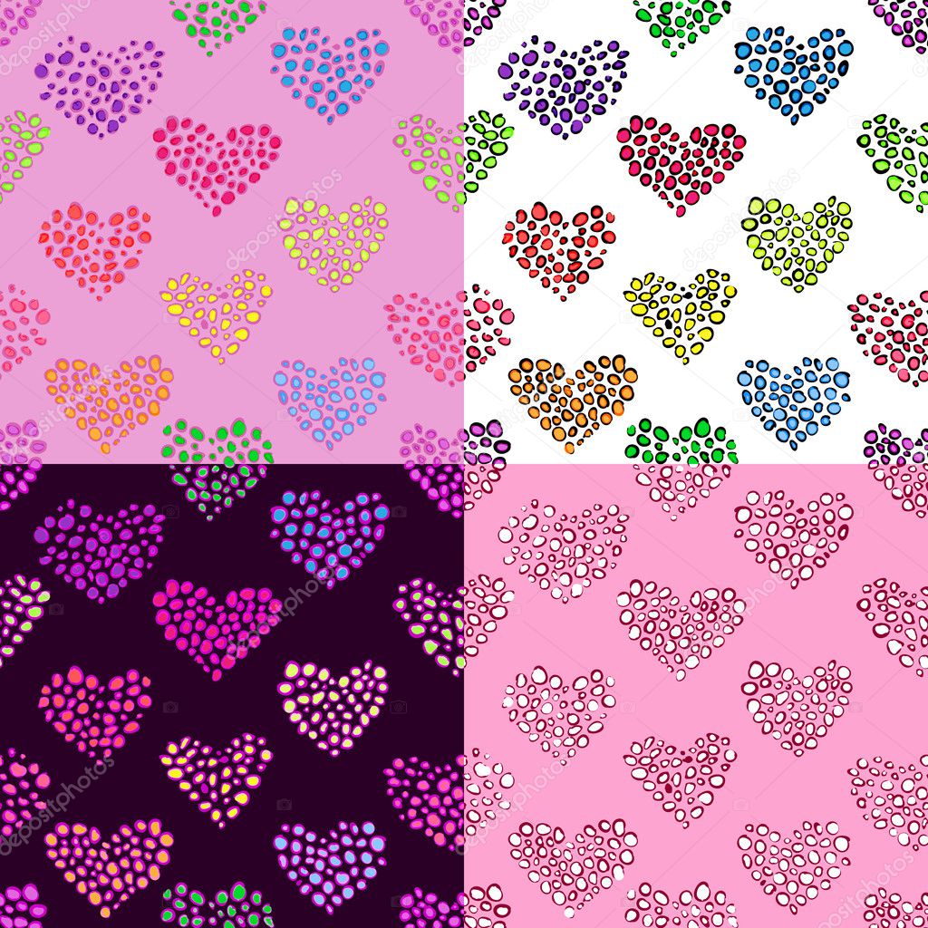 Four hearts seamless patterns.
