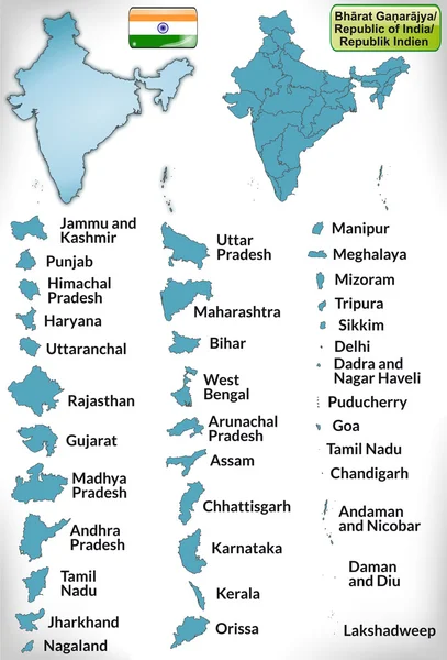 Mapa Indie s hranicemi v modrém — Stockový vektor