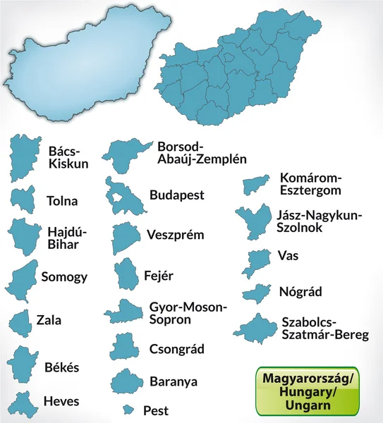 Mapa da Hungria com fronteiras em azul — Vetor de Stock