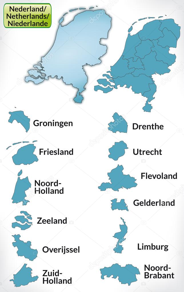 Map of Netherlands with borders in blue
