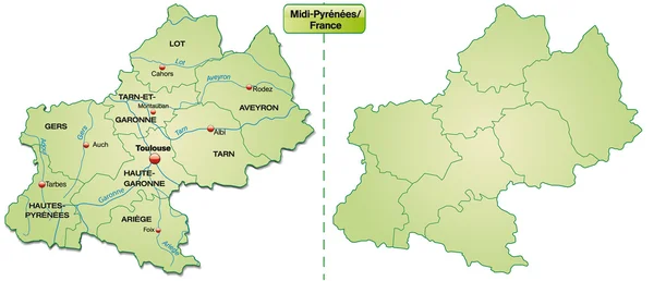 Kaart van midi-Pyreneeën — Stockvector
