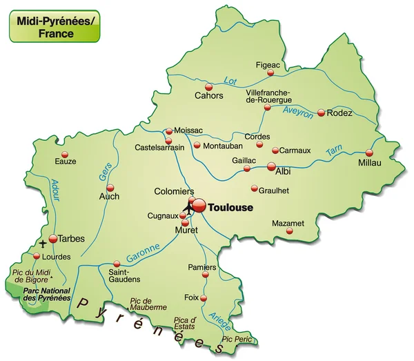 Mapa de Mediodía-Pirineos — Vector de stock