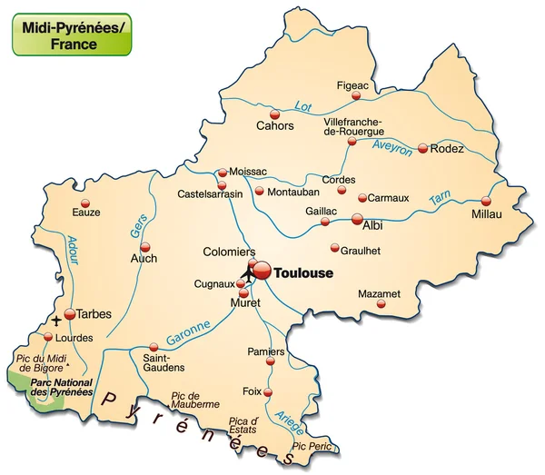 Mapa midi Pyrénées — Wektor stockowy