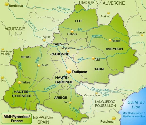 Mapa midi Pyrénées — Stockový vektor