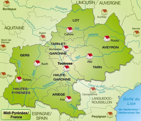 Mapa de Mediodía-Pirineos — Archivo Imágenes Vectoriales