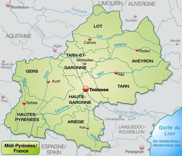 Mapa de Mediodía-Pirineos — Archivo Imágenes Vectoriales