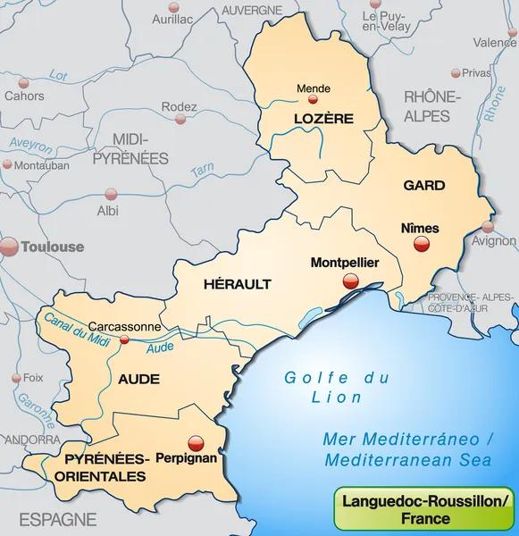 La mappa di languedoc-roussillon — Vettoriale Stock