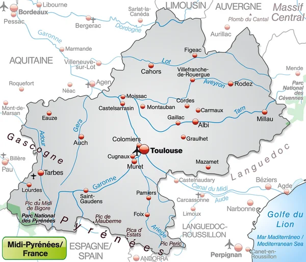 Mapa de Mediodía-Pirineos — Vector de stock