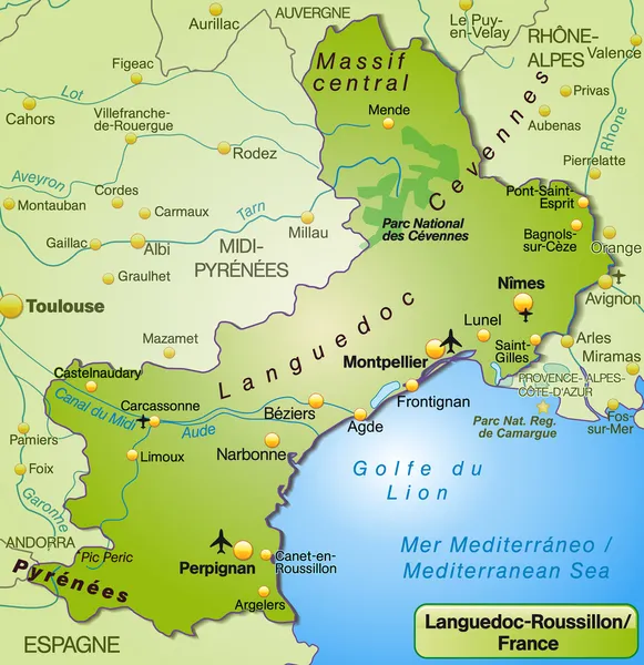 Kaart van languedoc-roussillon — Stockvector