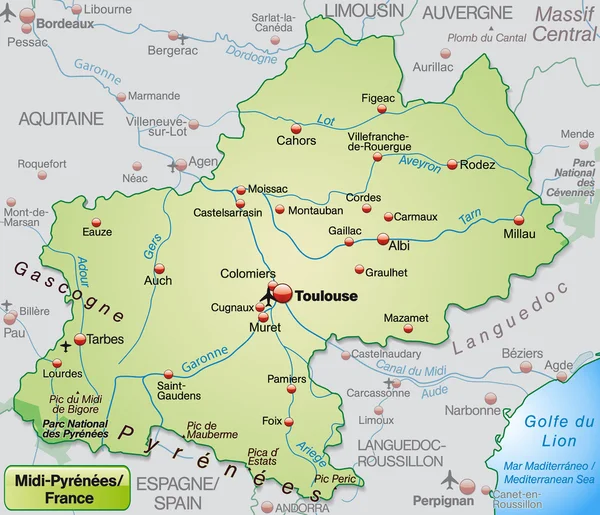 Karte von Midi-Pyrenäen — Stockvektor