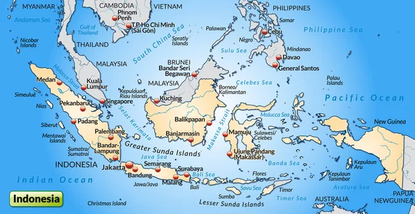 แผนที่ของอินโดนีเซีย — ภาพเวกเตอร์สต็อก
