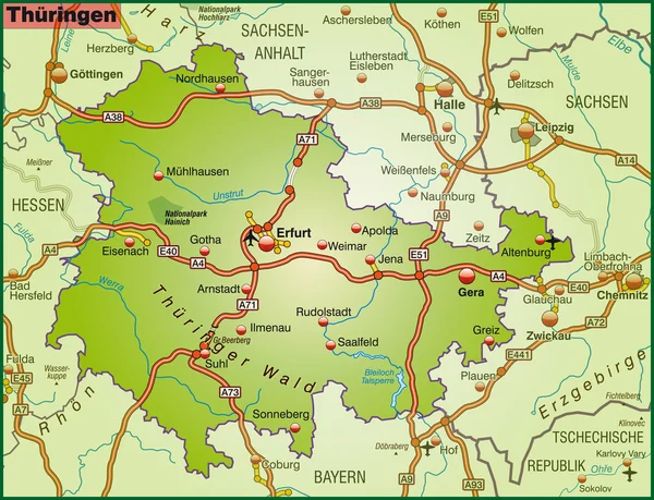 O mapa de Thuringia —  Vetores de Stock