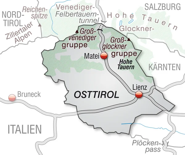 Kaart van Oost-Tirol — Stockvector