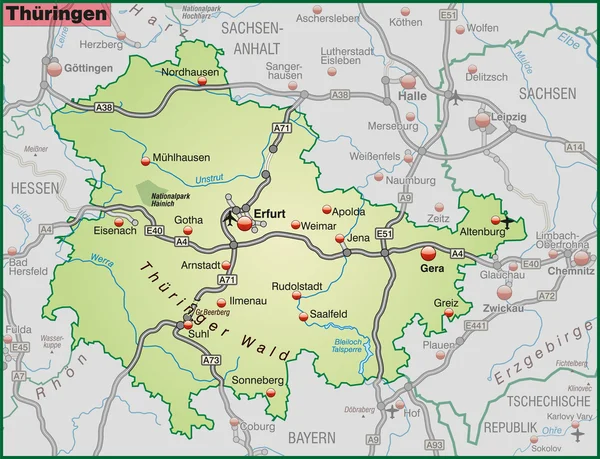 La mappa di Turingia — Vettoriale Stock