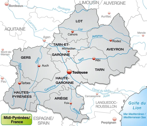 Mapa de Mediodía-Pirineos — Archivo Imágenes Vectoriales