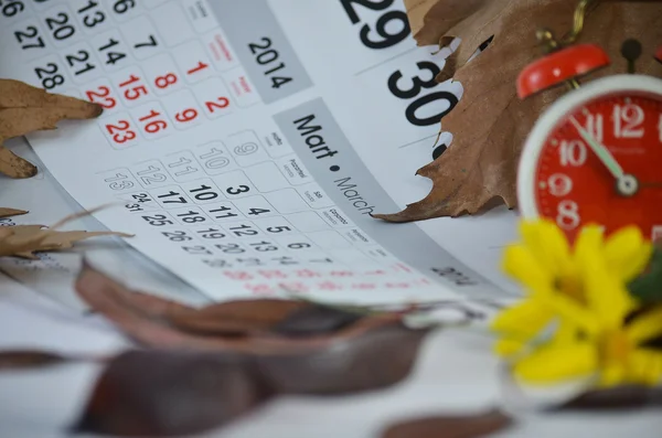 Väckarklocka, kalender, torkade blad, gula blommor och tid目覚まし時計、カレンダー、乾燥葉、黄色の花と時間 — ストック写真