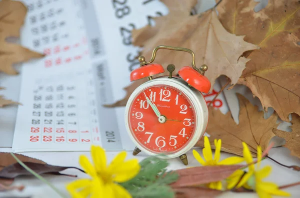 Wecker, Kalender, getrocknete Blätter, gelbe Blüten und Zeit — Stockfoto